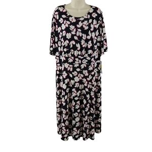 London Times Woman Black, White And Pink Floral Design Midi Dress